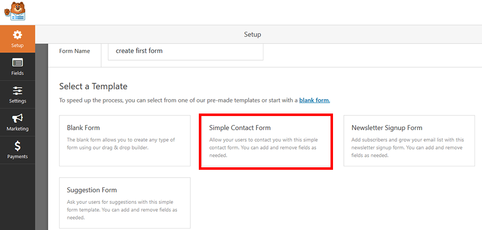 simple contact form in wpforms templete