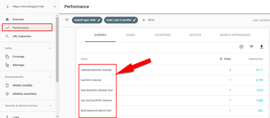 see keyword in google search console