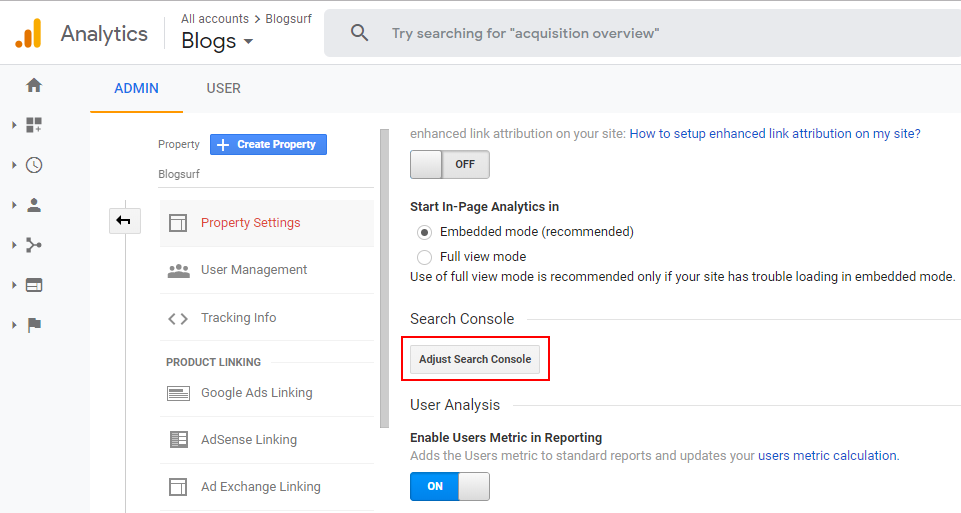 adjust search console in google analytics
